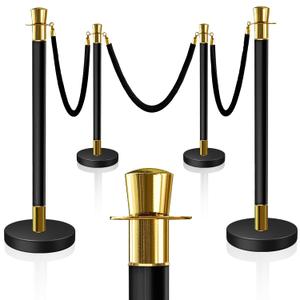 4PCS Top Crown Decoration Black-Gold Stanchions Posts with 3PCS 5 ft Black Velvet Rope, Red Velvet Rope Stanchion Set Crowd Control Barriers, Stanchions and Velvet Ropes Red Carpet Poles for Party
