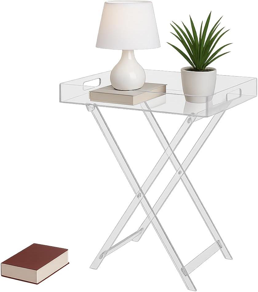 Acrylic Folding Table Acrylic Folding Tray Table Clear Small TV Stand for Living Room Bedroom Office Study Modern Butler Side Table TV Tray with Handles (Single-Tier)