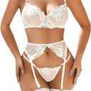 Kaei&Shi Bridal Lingerie Wedding Night, Underwire Floral Embroidered Sexy Lingerie for Women, Matching Thong 3 Piece Lingerie Set Bachelorette Gift Bride Petite White, Small