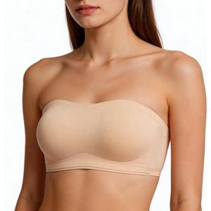 Strapless Bras for Women Wirefree Non-Slip Bandeau Bra, Seamless Padded Tube Top Invisible Bralette with Secure (Beige, L)