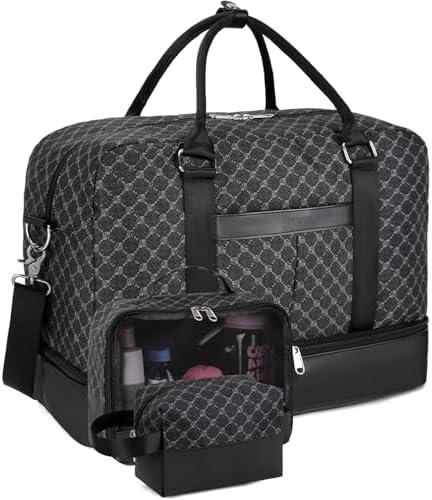 BOVIP Weekender Bags for Women Overnight Bag Large Canvas Travel Duffel Bag with Shoe Compartment Carry On Tote Bag 3Pcs Set Black