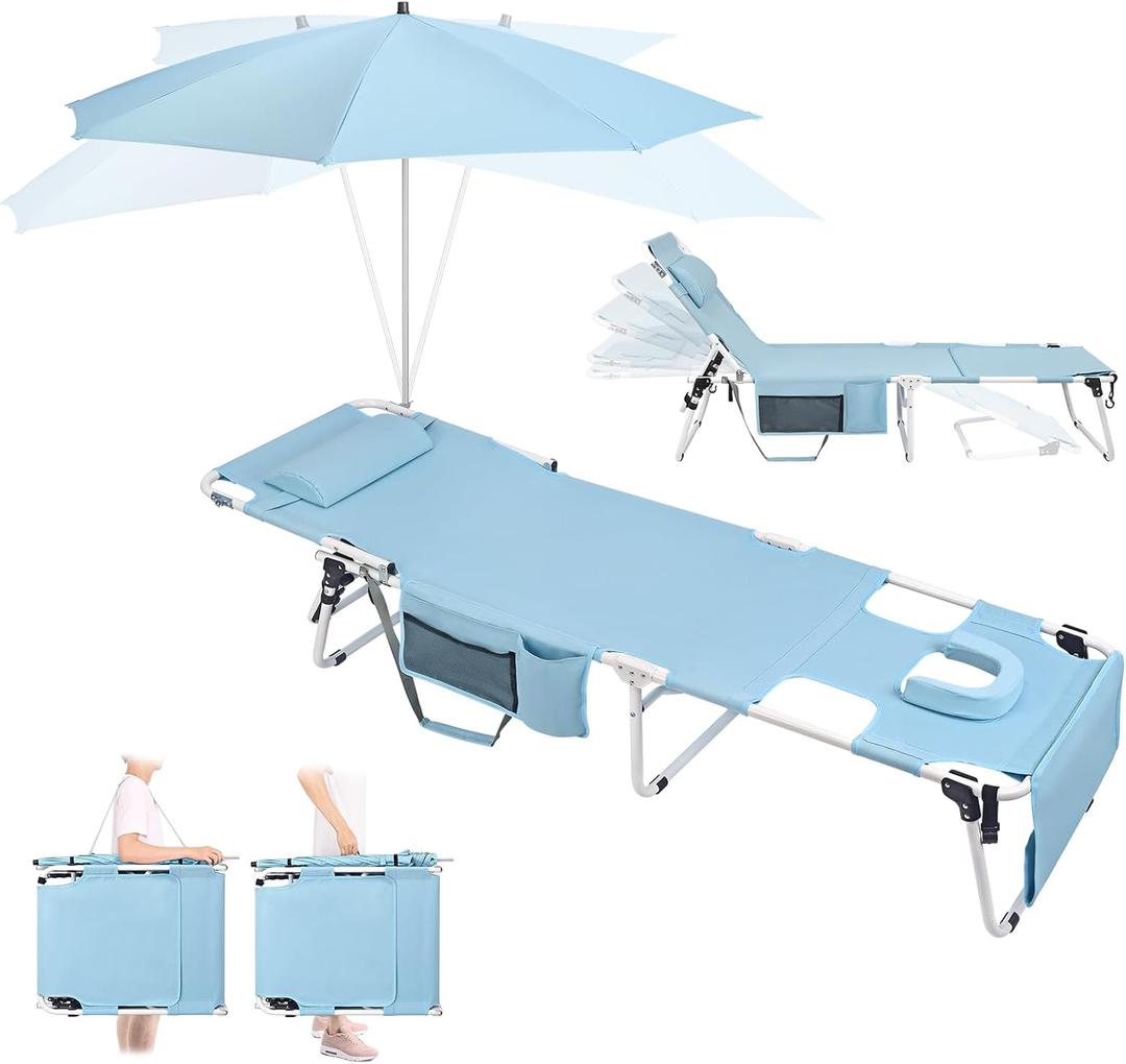 Tanning Chair with Umbrella UPF 50+ Adjustable, Heavy Duty Folding Chaise Lounge Outdoor, Lay Flat 5-Position Recliner for Sun Outside Sunbathing Reading Beach Pool Lawn, 300LBS