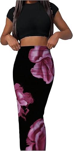 Milumia Women's Two Piece Set Floral Fitted Crop Top Tee and Bodycon Maxi Skirts S