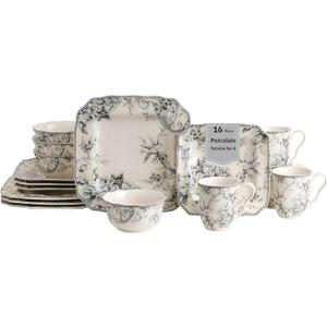 222 Fifth Adelaide 16-Piece Square Floral Dinnerware Set  Service for 4, Grey & White Porcelain Plates & Bowls, for Everyday Dining & Entertainment, Microwave & Dishwasher Safe, Chip Resistant (Gray)
