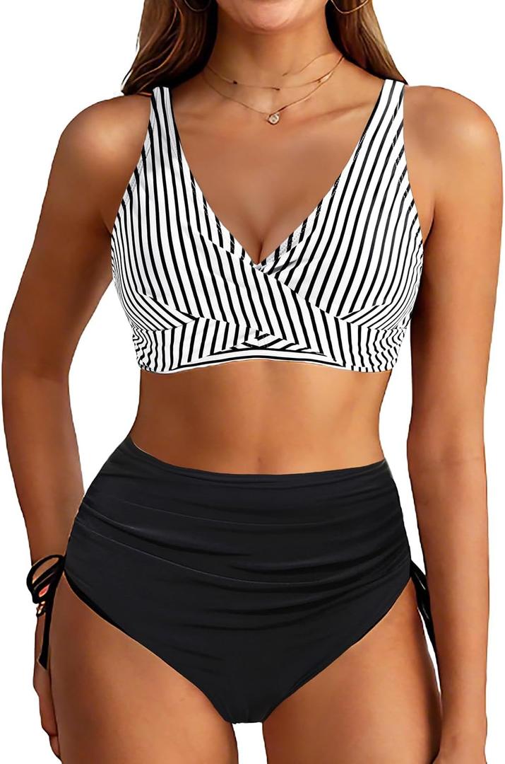Aqua Eve Women High Waisted Bikini Twist Front Swimsuits Lace up Bikini Tops Ruched Push up 2 Piece Bathing Suits (Medium, Black and Stripe)