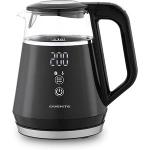 OVENTE 1L Small Electric Kettle with 5 Temperature Preset, Digital Display, 5Hr Keep Warm, Auto Shut-Off, Double-Wall Cool Touch Exterior, Borosilicate Glass,1500W BPA Free Water Boiler, Black KD95B
