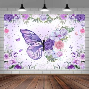 10 x 8 ft Purple Butterfly Birthday Backdrop for Girl's Flower Leaves Floral Pastel Butterflies Birthday Background Pink Princess Gold Rose Butterfly Cake Table Party Banner Photo Booth Studio