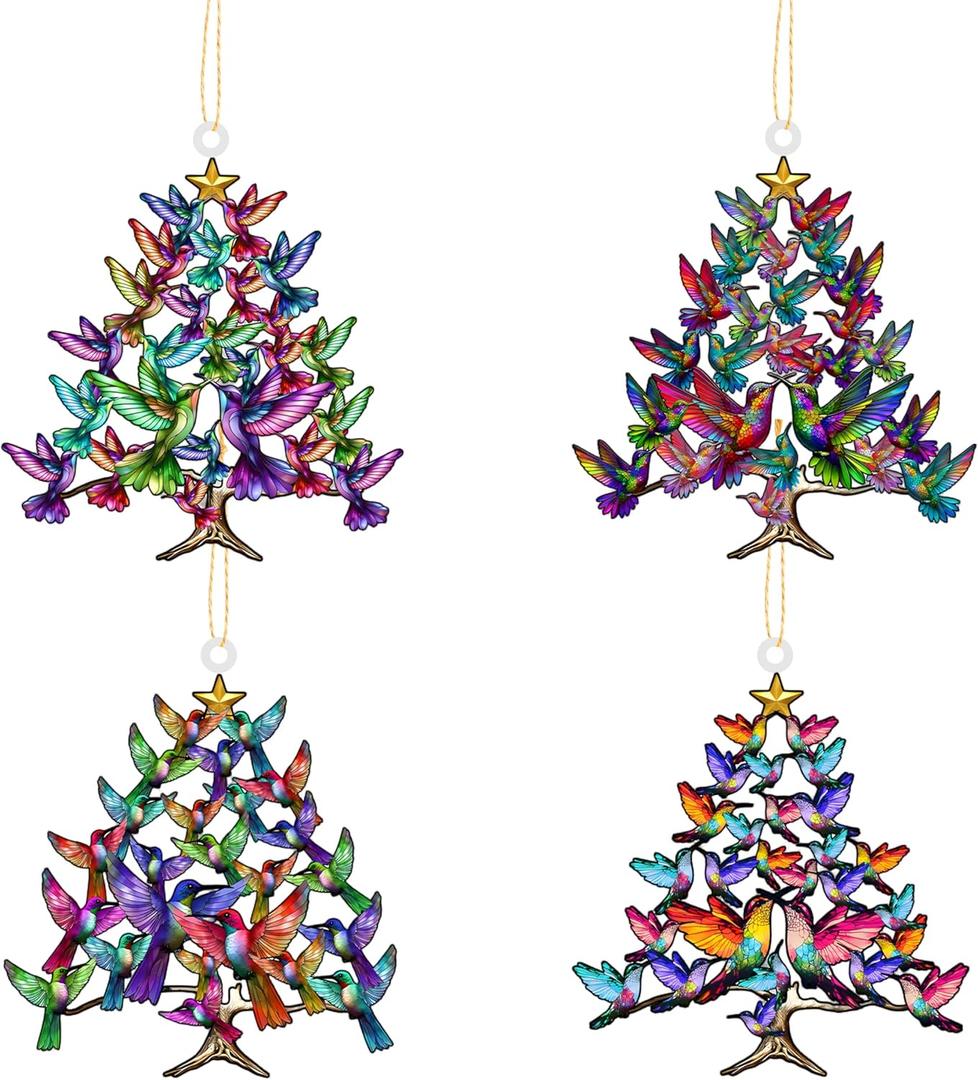 Hummingbird Christmas Ornament, 4 Pack 2D Acrylic Winter Decorations, Colorful Stacked Bird Holiday Home Decor (Large)
