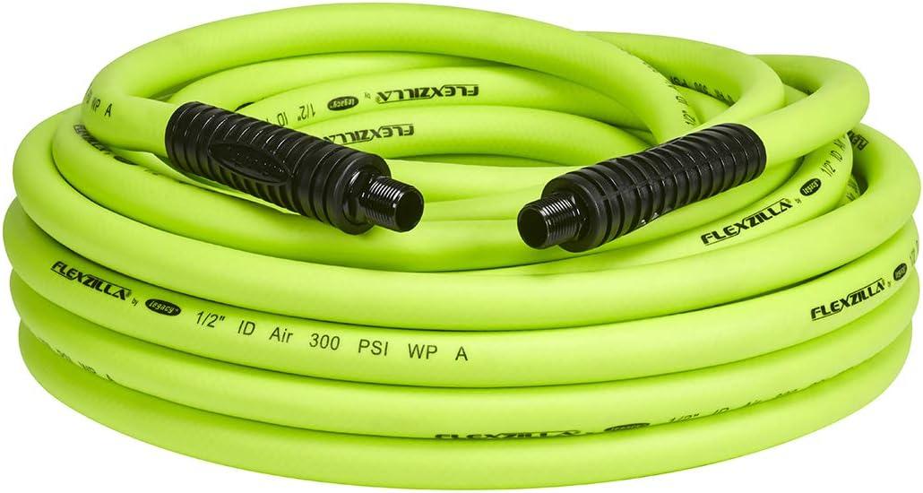 Flexzilla Air Hose, 1/2 in. x 50 ft., 1/2 in. MNPT Fittings, Heavy Duty, Lightweight, Hybrid, ZillaGreen - HFZ1250YW4