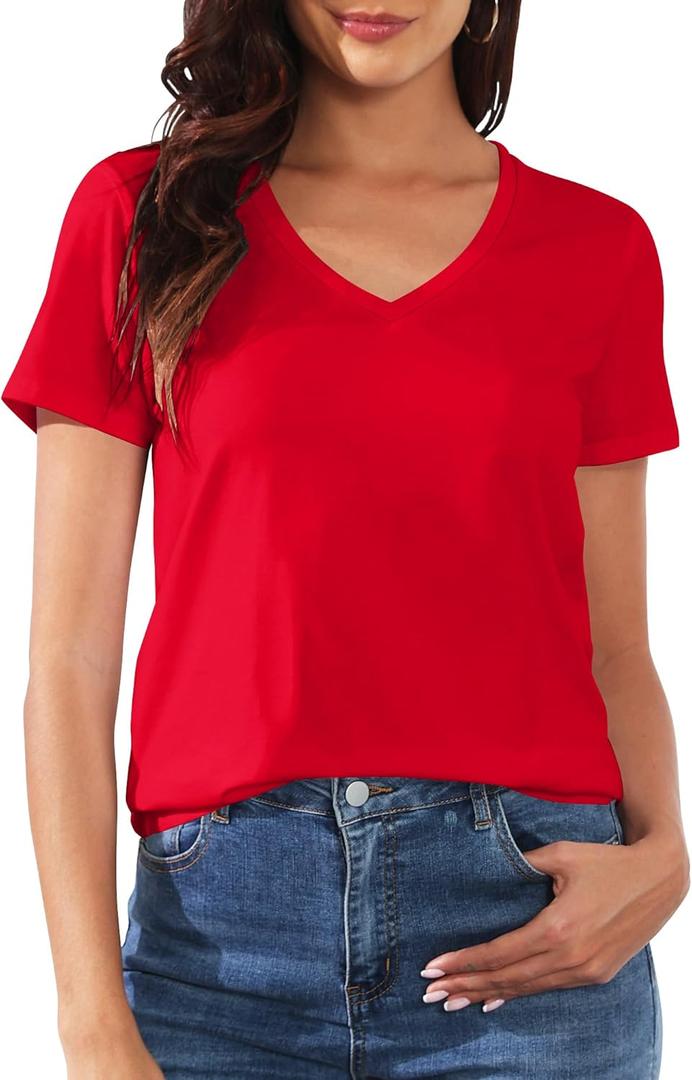 PALINDA Women's Classic Fit T Shirts Short Sleeve V Neck Casual Tee Shirt Summer Tops (Large, Red)