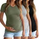 Ficerd 3 Pack Maternity Shirts for Women Cotton Maternity Tops V Neck Side Ruched Pregnancy Short Sleeve Summer Tunic Tees (Large, Black, Light Gray, Army Green)