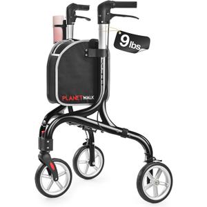 PLANET WALK Super Lightweight 3 Wheel Walkers for Seniors - 9 lbs Foldable Aluminum Frame, Triangular Anti-Tip Frame enhances Stability, 8" All-Terrain Wheels Rollator Walker with Cup Holder,Black