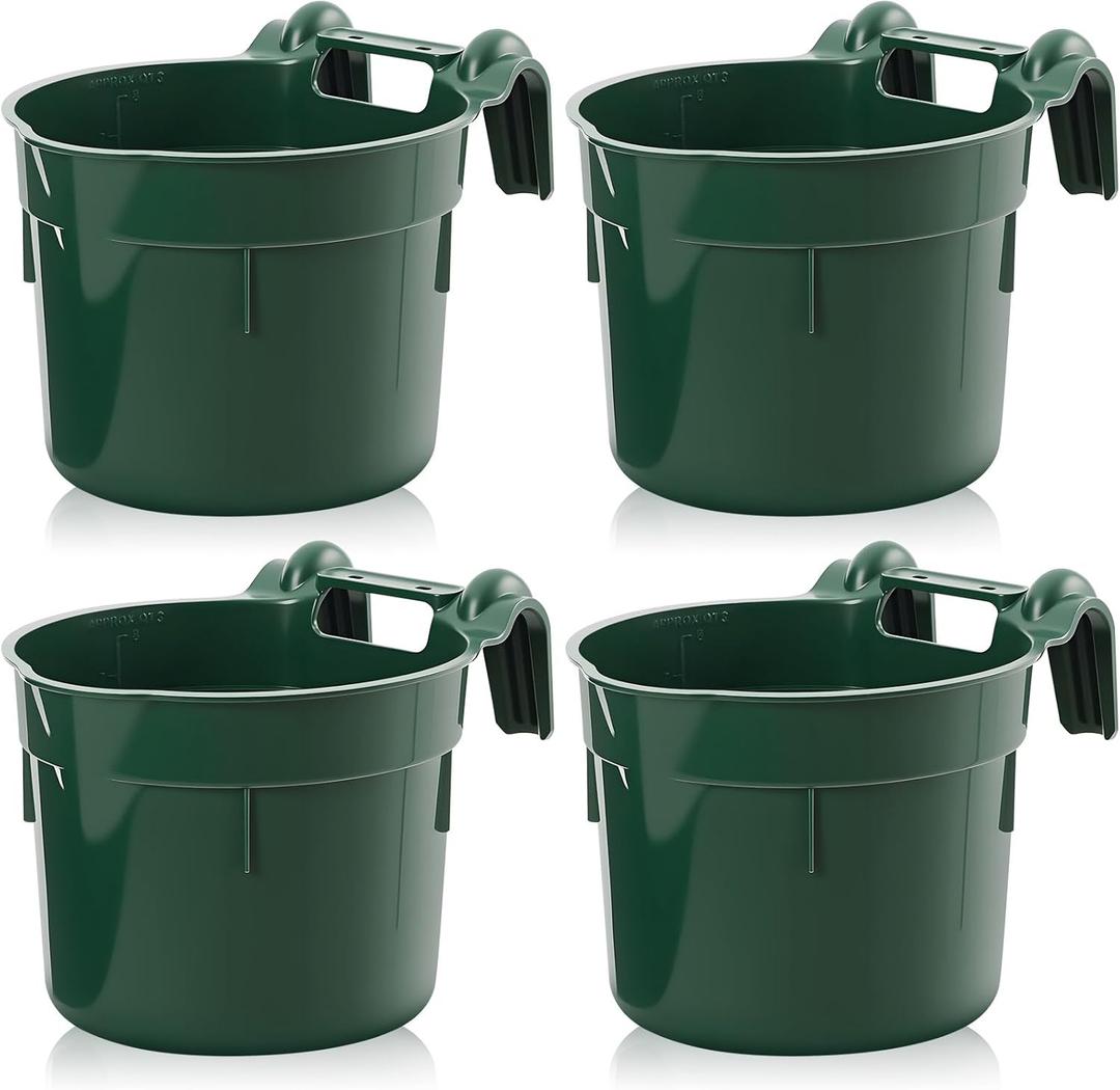 4 Pcs 8.5 Quart Hook Over Hanging Horse Feeder Plastic Fence Feed Bucket for Stall Mountable Hanging Feed Pail Storage Bins for Horses Goats Livestock Animals