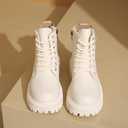 Women's Round Toe Leather High-Top Lace-Up Ankle Boots With Thick Sole And Non-Slip Side Zipper Suitable For Dating, Shopping, And Walking (White) 4.5