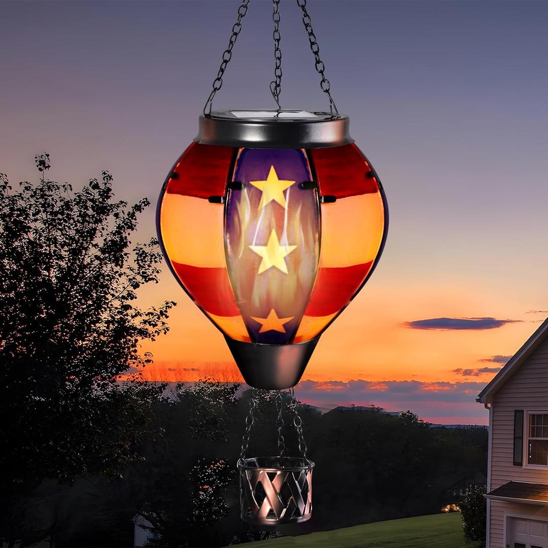 pearlstar Hot Air Balloon Solar Lantern with Flickering Flame Light Outdoor Solar Hanging Lights Waterproof for Garden Yard Farmhouse Patio Pathway Outside Independence Day Decoration,Glass, Star