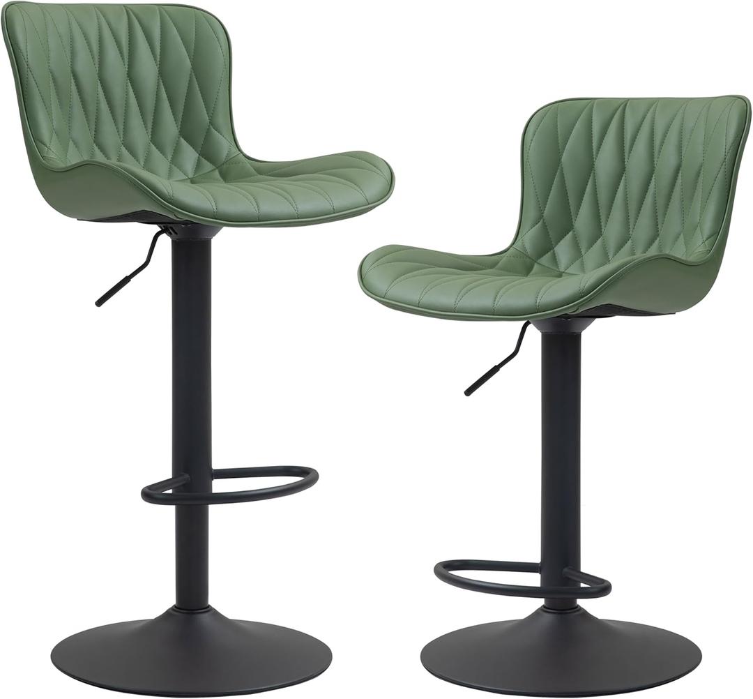 Finnhomy Bar Stools Set of 2, Modern 360 Swivel Faux Leather Bar Stools, 24"-32.5" Seat Height with Back, 330 lbs Capacity, SGS Gas Lift, Upholstered Kitchen Chairs for Kitchen Island, Green
