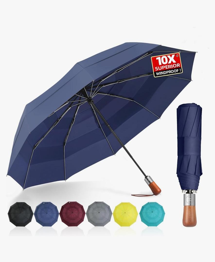 Umbrellas for Rain, Heavy-Duty Windproof 47" Travel Umbrella, 3-Layer Vented Canopy, 10 Fiberglass Ribs, Auto Open/Close, Large Coverage for 1–2 People, Wooden Handle, Recycled Fabric, Gift for Men & Women, Lifetime Replacement