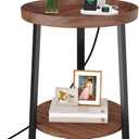 Round Industrial Side Table with Charging Station, 2-Tier Round End Table with USB Port & Power Outlet, Nightstand with Metal Frame for Small Spaces, Living Room, Bedroom, Cherry, 15.75"D x 11.75"W x 23.03"H