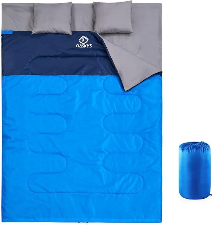 oaskys Double Sleeping Bag for Adults with 2 Pillows - Queen Size XL Waterproof Sleeping Bag for All Season Camping Hiking Backpacking 2 Person Sleeping Bags for Cold Weather & Warm (59in x 86.6", Black)