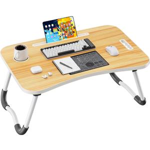 Folding Lap Desk, 23.6 Inch Wood Laptop Bed Desk with Cup Holder, Portable Bed Table for Working Writing Reading, Eating for Bed, Floor, Sofa, Couch - Yellow
