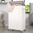 Slim Laundry Hamper with Lid, 50L Plastic Tall Laundry Basket with Wheels, Compact Size for Narrow Space, Rolling Laundry Cart with Handle for Easy Transport to Laundry Room-Milky White