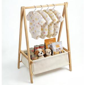 Baby Clothing Rack for Baby Shower, Pets Clothes Rack with Storage Box & Hanging Rod for Dogs/Cats, Mini Dolls Closet Rack, Wooden Baby Shower Rack for Nursery Room (Natural)