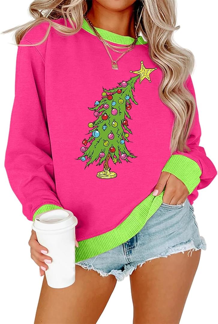 Christmas Sweatshirts For Women Cute Christmas Tree Graphic Long Sleeve Shirt Casual Crewneck Holiday Pullover Top (Pink, XL)