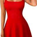 OQQ Women's Square Neck A-line Dress Sleeveless Tank Top Stretch Flare Mini Dresses (Red, Small)