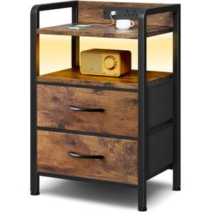 Night Stand Bedside Table Bedroom - Nightstand with Charging Station, Night Stand with LED Light Strip, End Table with U-S-B Ports & AC Outlets, Storage Shelf & 2 Fabric Drawers, Rustic Brown