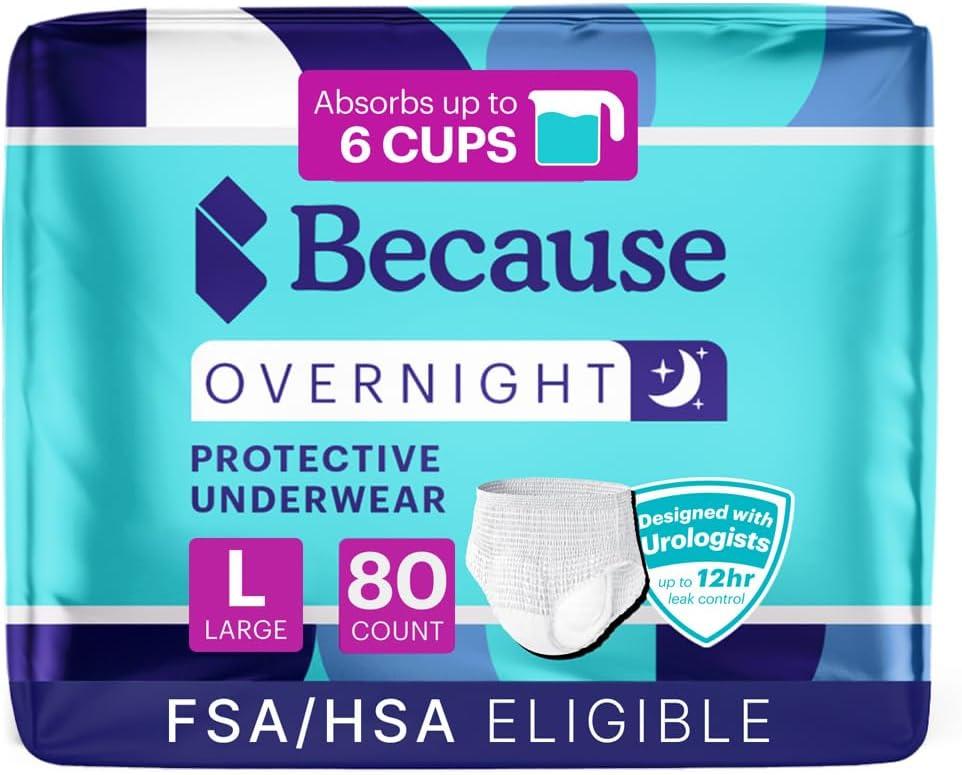 Because Overnight Absorbency Pull Ups - Adult Disposable Incontinence Underwear, Extra Absorbent Nighttime Briefs for Men and Women, White, Large, 80 Count (4 Packs of 20)