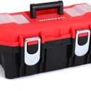 WORKPRO Tool Box Portable 16" with Removable Tray Heavy Duty Toolbox with 2 Metal Latches, Rated up to 33 Lbs, PP Plastic Small Tool Boxes with Lock Secured, Small Parts Organizer in Lid, black & red