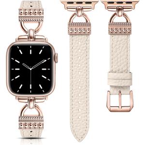 TOYOUTHS Compatible with Apple Watch Band Women Leather 42/ 41/ 40/ 38mm Dressy Leather Strap Designer D-Shaped Metal Buckle Bracelet for iWatch Series 11/ 10/ 9/ 8/ 7/ 6/ 5/ 4/ 3/ 2/ 1/ SE, Starlight/ Rose Gold