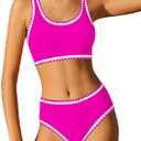 WIQI Girls Swimsuits Bikini Set 2 Piece Bathing Suit Color Contrast Trim Swimwear Size 7-16 (9-10 Years, Hot Pink-a)