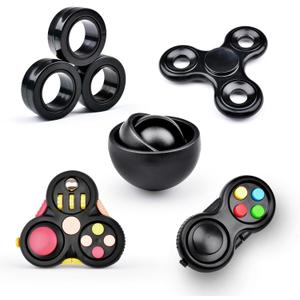 Fidget Toys Adults Pack 5Pcs,Fidget Spinner with Magnetic Rings Gyro,Fidget Controller Autism Sensory Toys,ADHD Stress Anxiety Desk Fidgets,Easter Basket Stuffers for Kids Teen Boys(BK) (Black)