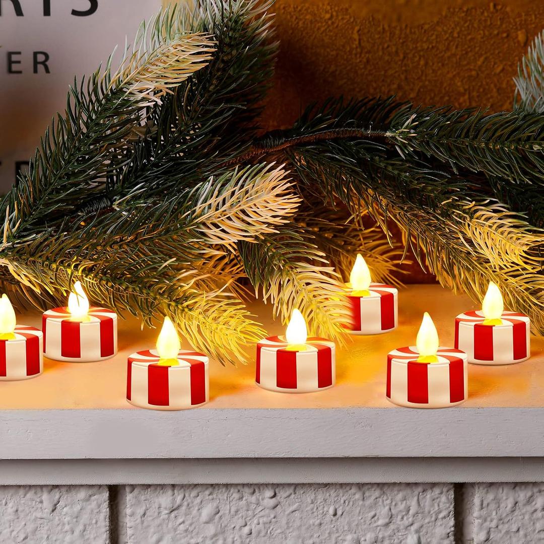 24 Pcs Christmas Candy Cane Tea Lights LED Flameless Candles Striped Battery Operated Flickering Candles Warm Yellow Light Flameless Tealight for Christmas Party(Red)
