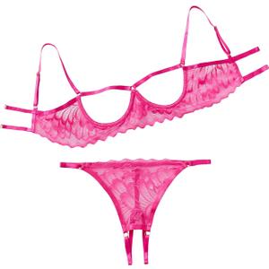 Lilosy Sexy Underwire Floral Lace Sheer Lingerie Set for Women See Through Bra and Panty 2 Piece (3X-Large, Hot Pink)