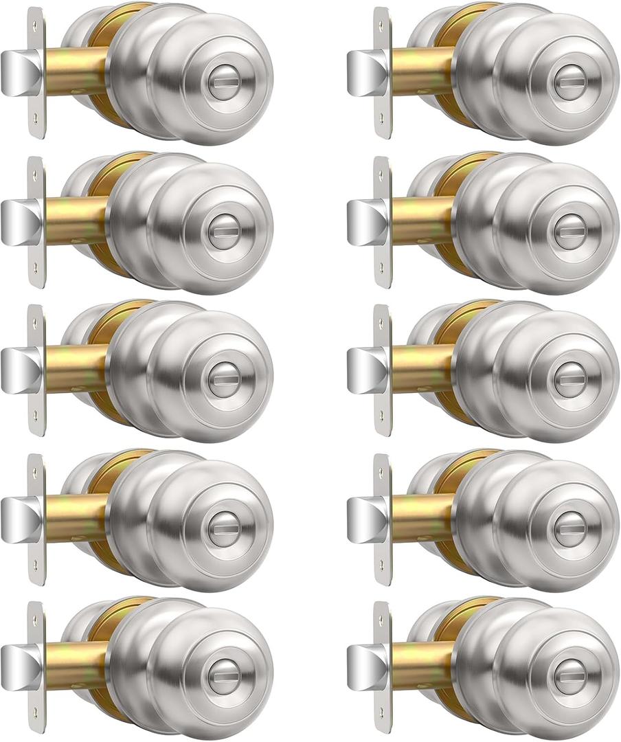 AEEKEL 10 Pack Privacy Door Knob, Brushed Nickel Door Knobs Interior Keyless Door Locks for Bedrooms, Bathroom Door Knob for Left/Right Handle Doors