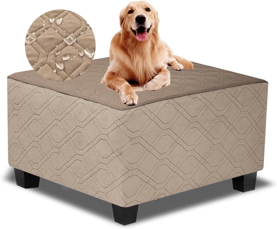Ottoman Cover Square,Waterproof Square Ottoman Covers Thick Slipcover for Living Room,Washable Storage Footstool Furniture Protector for Dogs,Pets,Light Brown,Medium (M Length&Width:33"-37",Height:14"-20", Light Brwon&khaki)