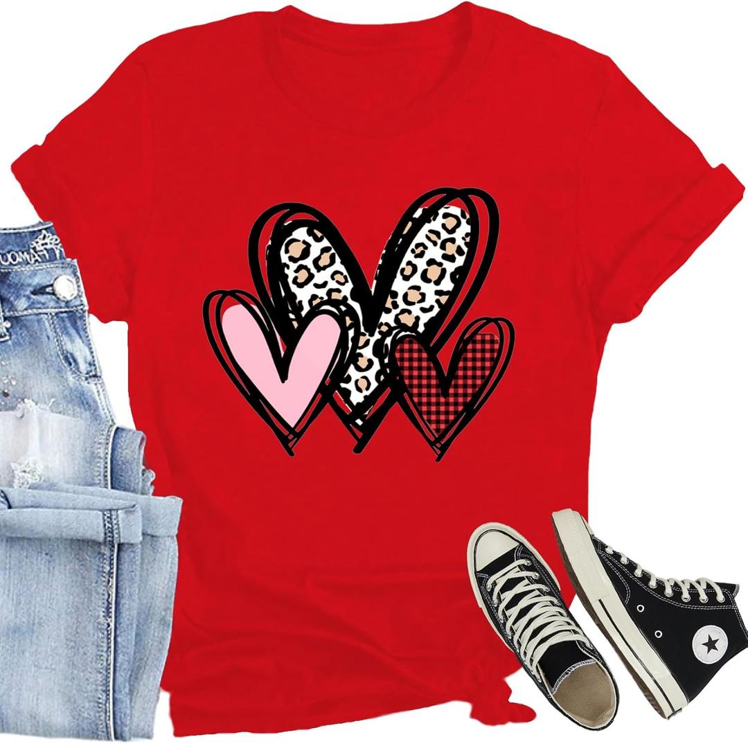 Valentines Day Shirt for Women Love Heart Printed T-Shirts Casual Summer Tee Tops (XL)