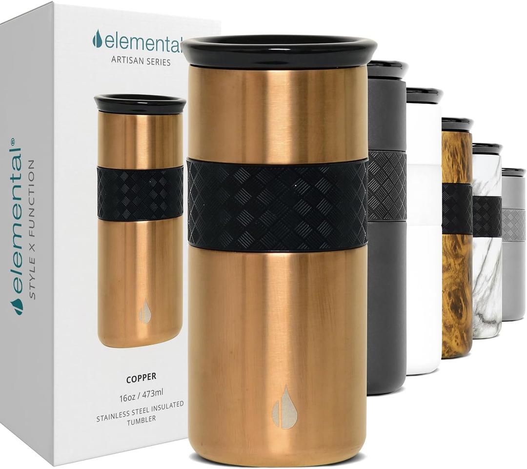 Elemental Artisan Insulated Tumbler, Triple Wall Coffee Travel Mug, Reusable Stainless Steel Coffee Tumbler with Ceramic Lid, Thermal Coffee Cups for Hot (6 Hrs) & Cold (18 Hrs), 16oz - Copper