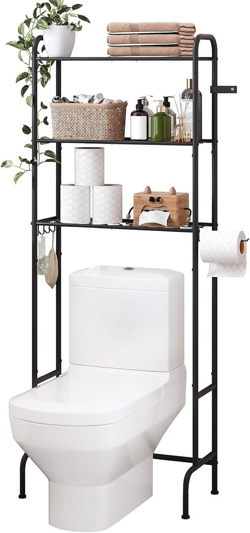 Over The Toilet Storage,3-Tier Heavy Duty Metal Bathroom Organizer, Freestanding Space Saver with Wide Shelves for Towels & Toilet Paper (Black)