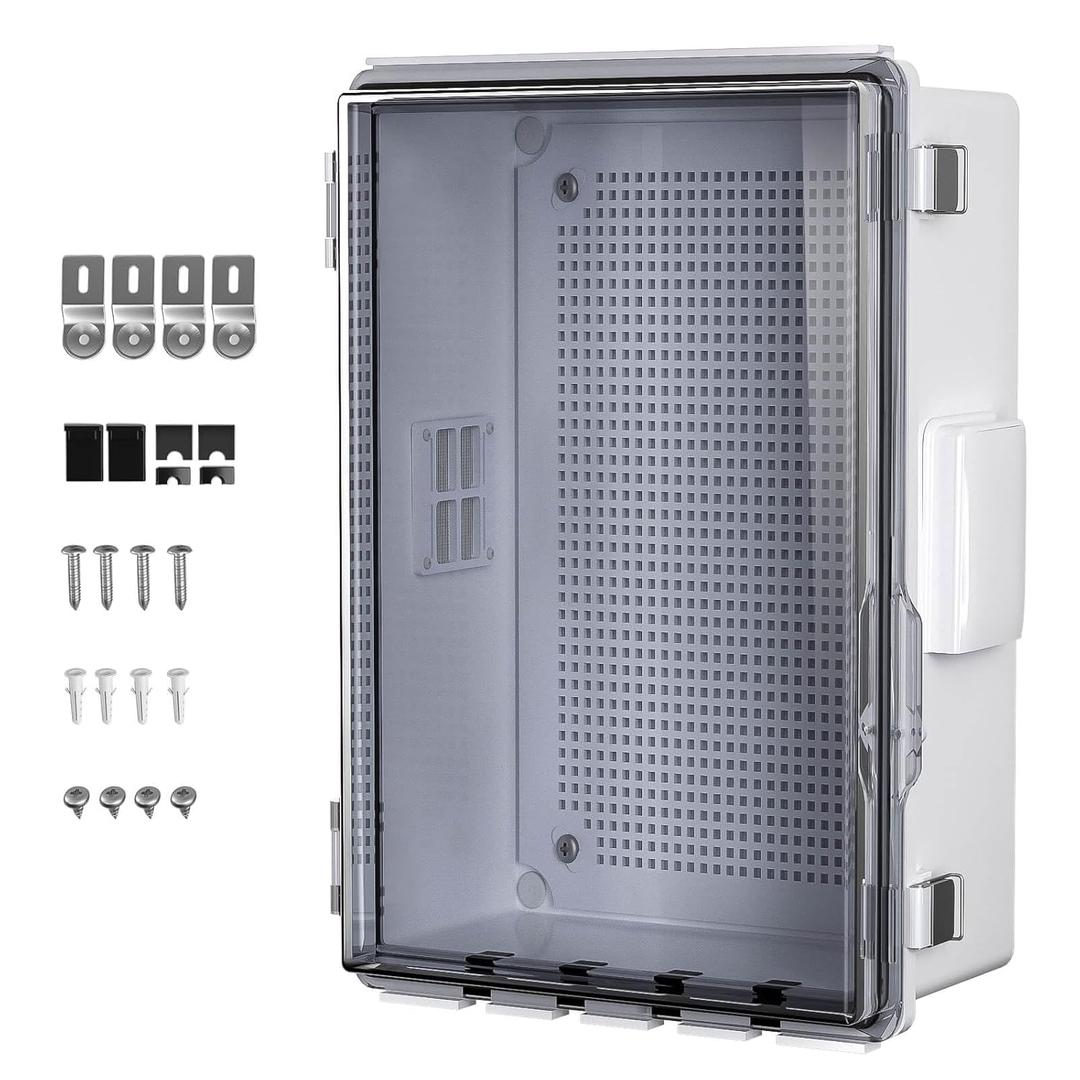 ABS Electrical Junction Box, Ventilated Design, Cable Grommets, IP65 Waterproof Enclosure, Indoor/Outdoor Use with Mounting Panel .(Clear Cover, 13.8"x9.7"x5.9")
