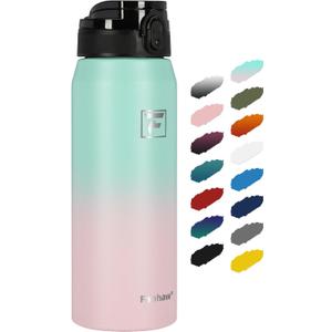 Fanhaw 24 Oz Insulated Stainless Steel Vacuum Water Bottle with Anti-Dust Pop-Open Lid - For Kids, Women, Men | Leak & Sweat Proof (Green Pink)