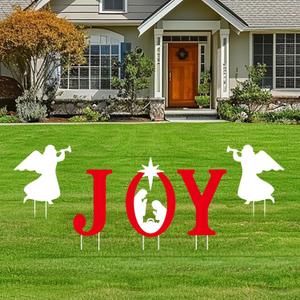 Five pcs of Joy Nativity Lawn Signs with Stakes, Christmas Angel Decorations for the Yard, Walkway, House, Outdoor Areas, New Year, and Christmas Party Supplies