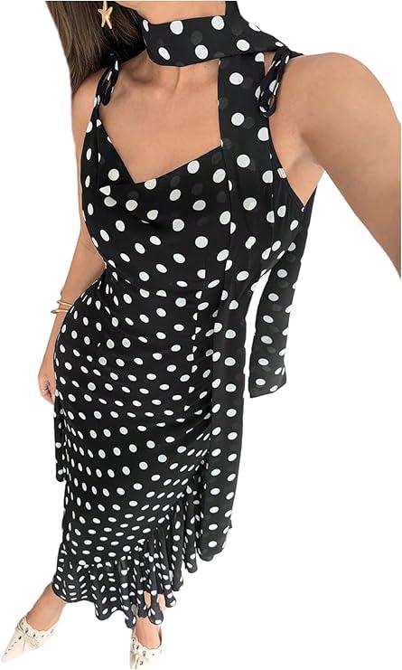 Verdusa Women's Vintage Polka Dots Halter Dress Wedding Guest Ruffle Maxi Dresses M