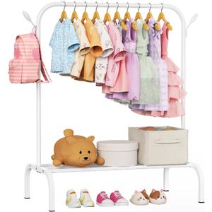Upgraded Kids Clothing Rack - Dress Up Clothes Rack Baby Toddler Montessori Wardrobe- Small Portable Garment Racks with Storage Shelf and Hooks - for Costumes, Princess Dresses & Shoes, White