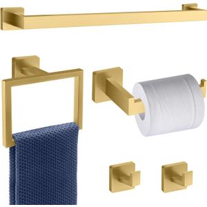 5 Piece Gold Towel Bar Set Bathroom Hardware Set Gold Bathroom Accessories Set with 2 Towel Hook, Stainless Steel Wall Mounted Bathroom Towel Rack Set Square 16-Inch