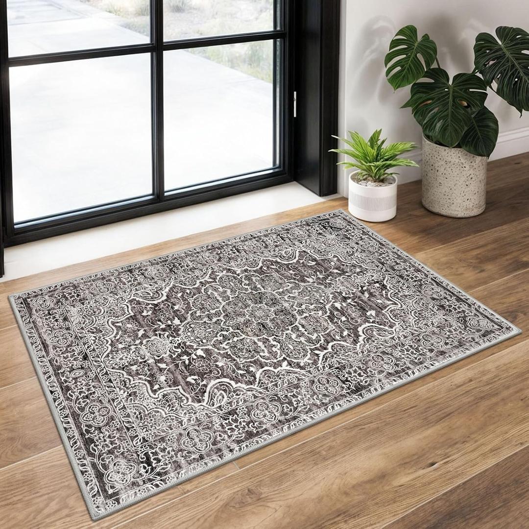 KUTA Vintage Small Area Rug 2x3 Tan Grey Washable Vintage Entryway Rugs Non-Slip Ultra Soft Floral Doormat Printed Retro Distressed Carpet Accent Farmhouse Kitchen Throw