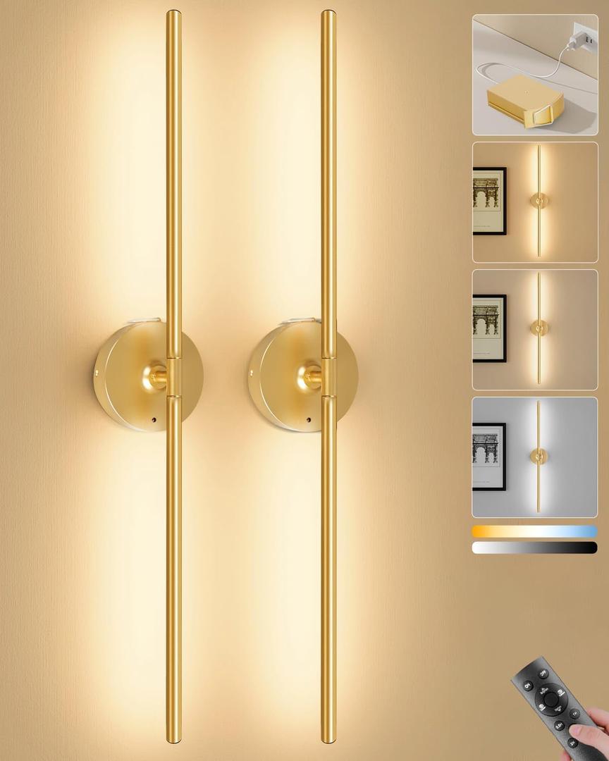 Battery Operated Wall Sconces Set of 2, 8000mAh Wireless Rechargeable 3000-6000K Dimmable 350 Rotate Wall Light with Remote for Living Room, Bedroom 31.6in Gold