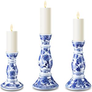 Soaoo Set of 3 Blue and White Porcelain Ceramic Pillar Candle Holder Chinoiserie Pillar Candle Holders Candlestick Decoration for Wedding Party Fireplace Table Home Centerpiece